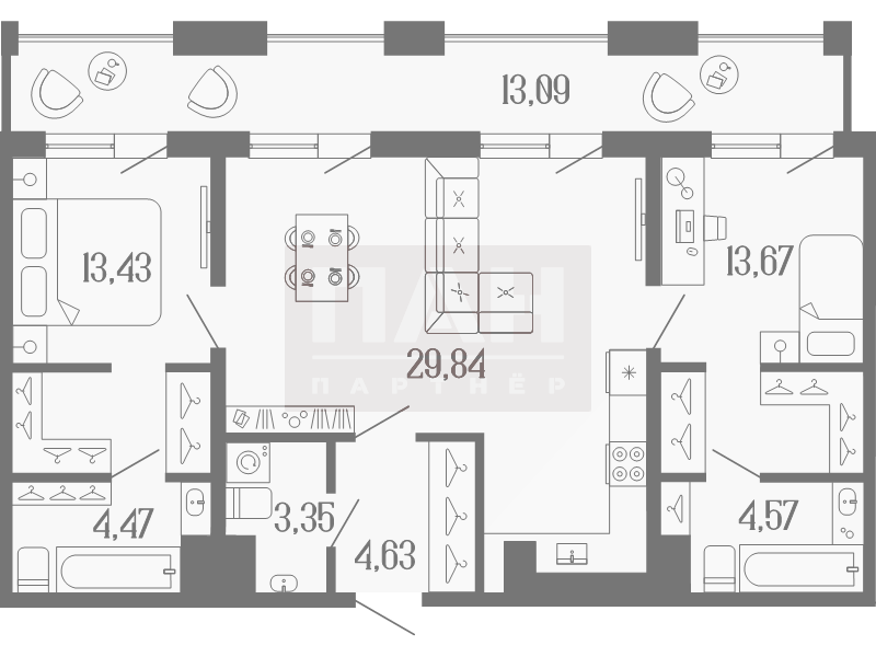 2-комнатная квартира  №59 в Коллекционный дом 1919: 81.51 м², этаж 9 - купить в Санкт-Петербурге