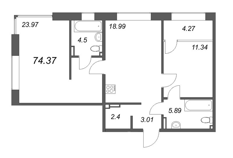 2-комнатная квартира  №641 в 17/33 Петровский остров: 76.08 м², этаж 5 - купить в Санкт-Петербурге