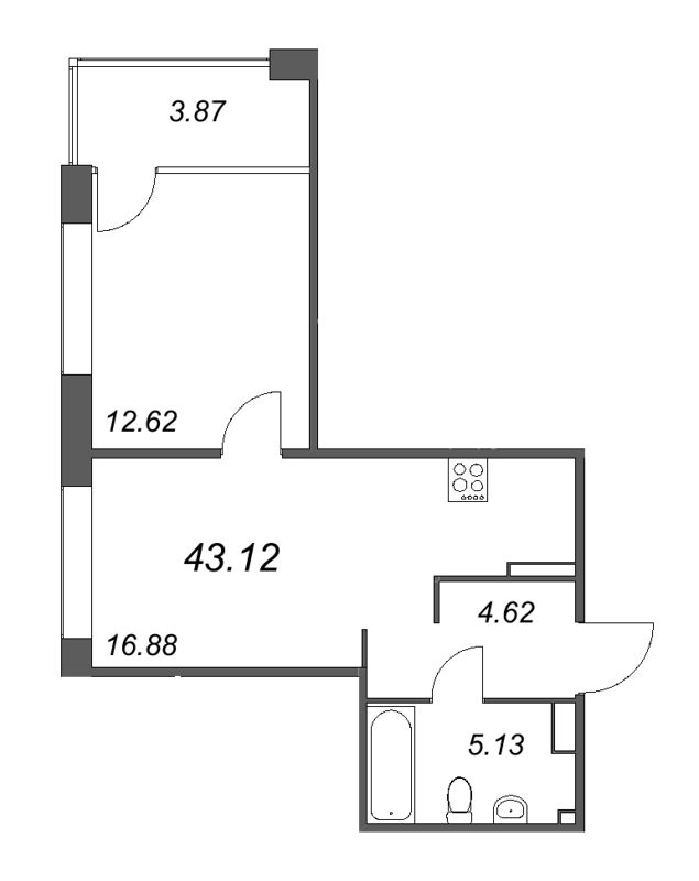 1-комнатная квартира  №375 в 17/33 Петровский остров: 45.62 м², этаж 5 - купить в Санкт-Петербурге