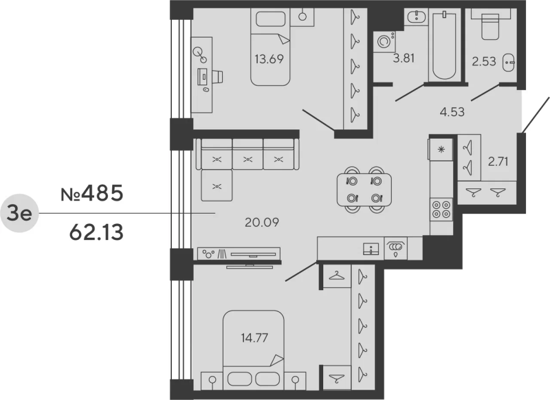 2-комнатная квартира  №485 в Bashni Element: 62.13 м², этаж 6 - купить в Санкт-Петербурге