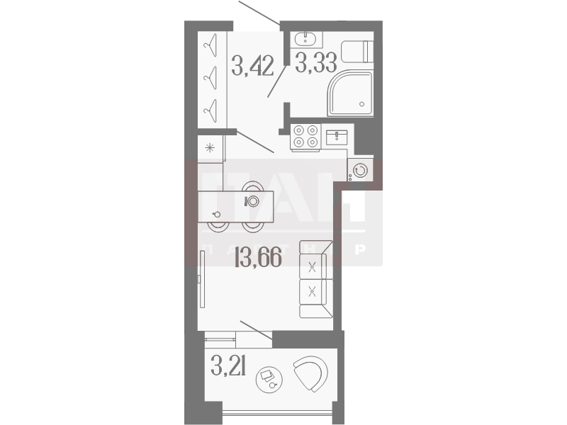 1-комнатная квартира  №48 в Коллекционный дом 1919: 22.1 м², этаж 7 - купить в Санкт-Петербурге