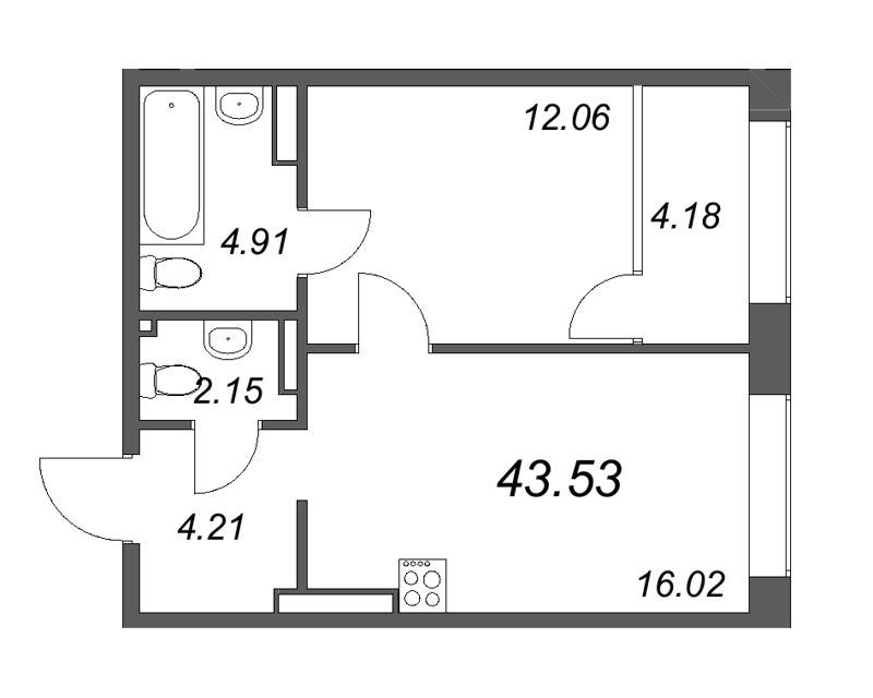 1-комнатная квартира  №647 в 17/33 Петровский остров: 44.43 м², этаж 5 - купить в Санкт-Петербурге