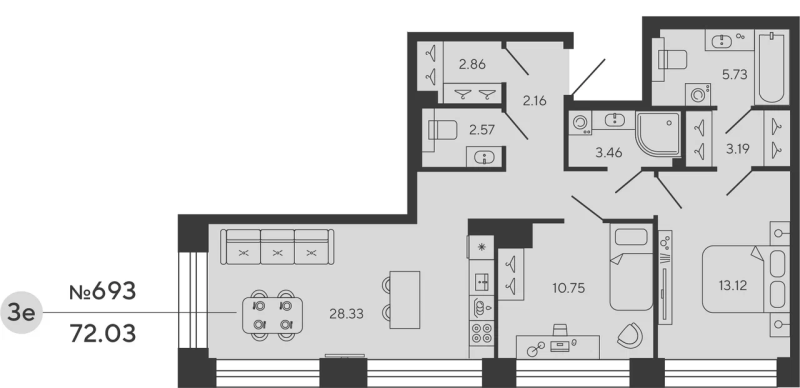 2-комнатная квартира  №693 в Bashni Element: 72.03 м², этаж 10 - купить в Санкт-Петербурге