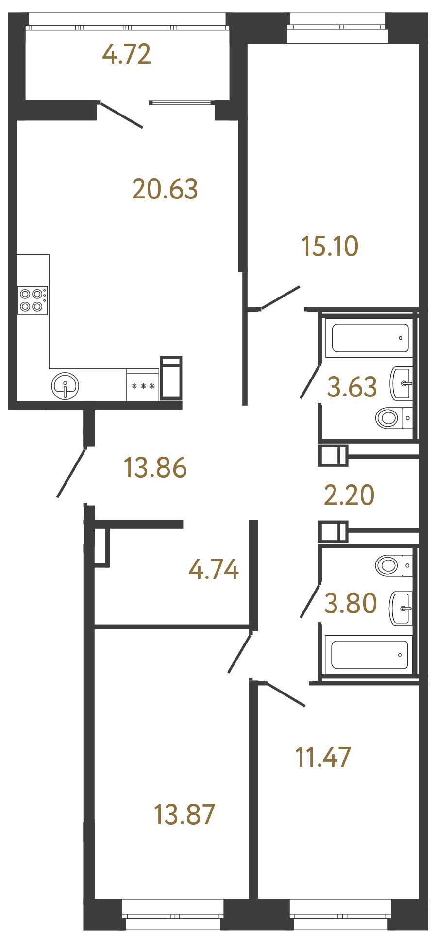 3-комнатная квартира  №11 в Ultra City III: 89.3 м², этаж 3 - купить в Санкт-Петербурге