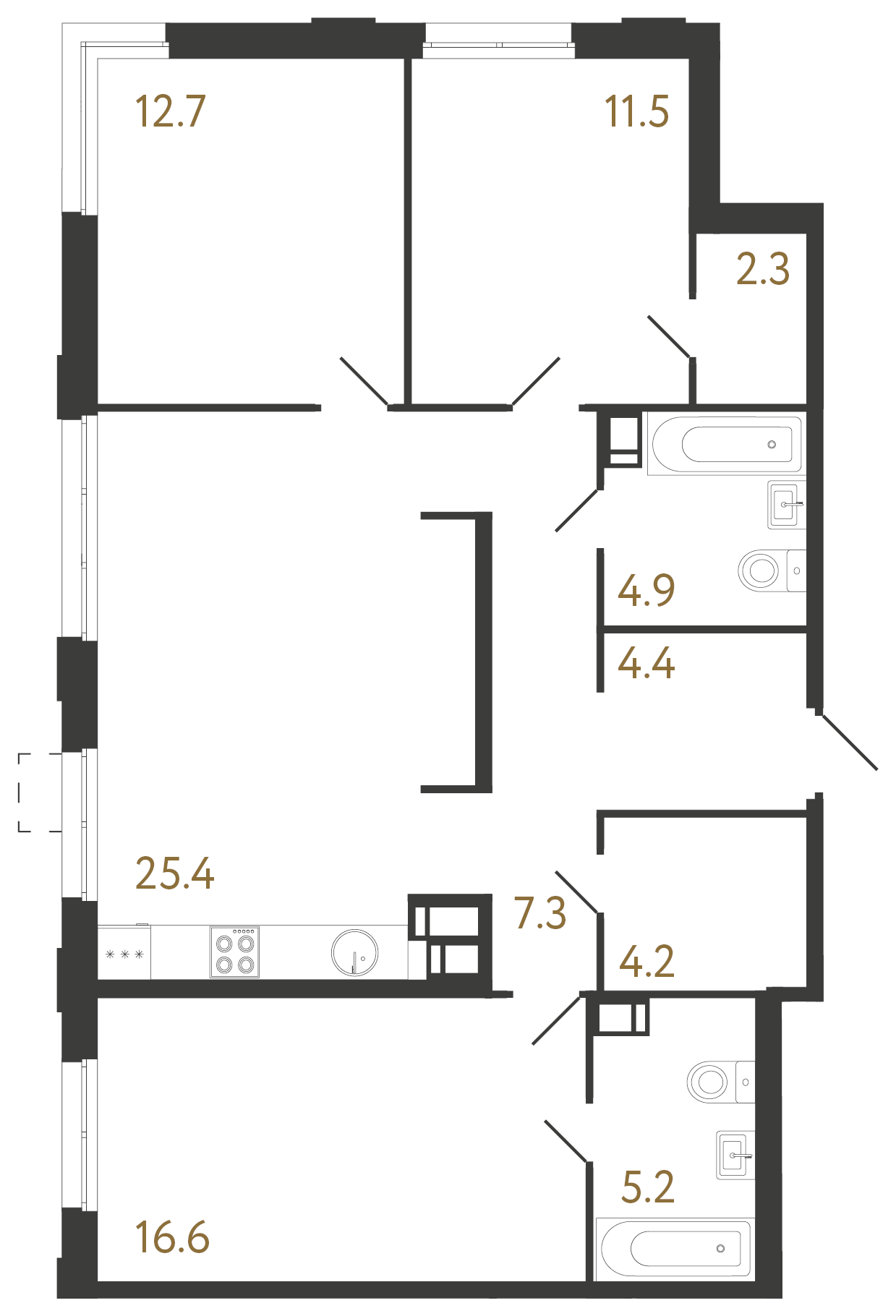 3-комнатная квартира №1 в: Струны: 94.5 м²; этаж: 15 - купить в Санкт-Петербурге