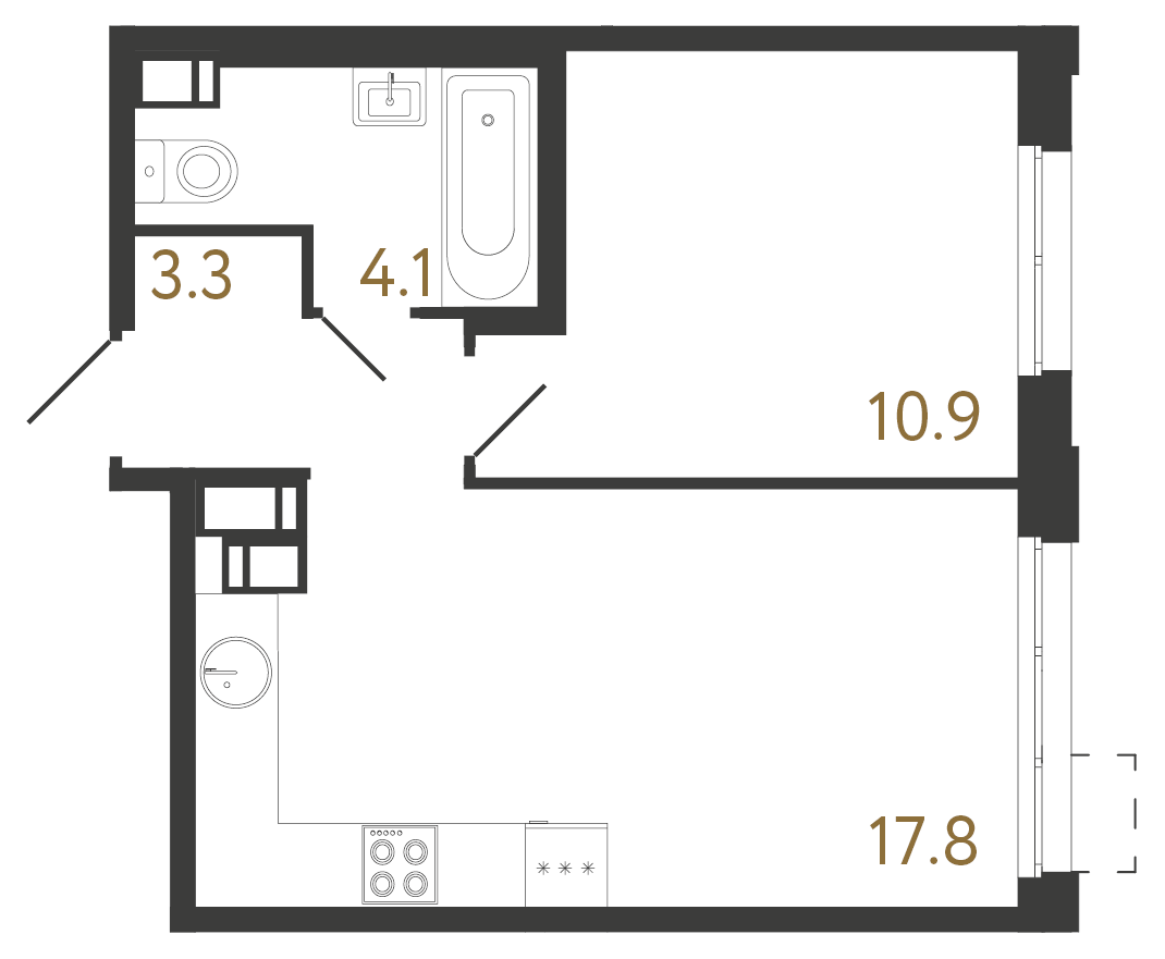1-комнатная квартира №1 в: Струны: 36.1 м²; этаж: 15 - купить в Санкт-Петербурге