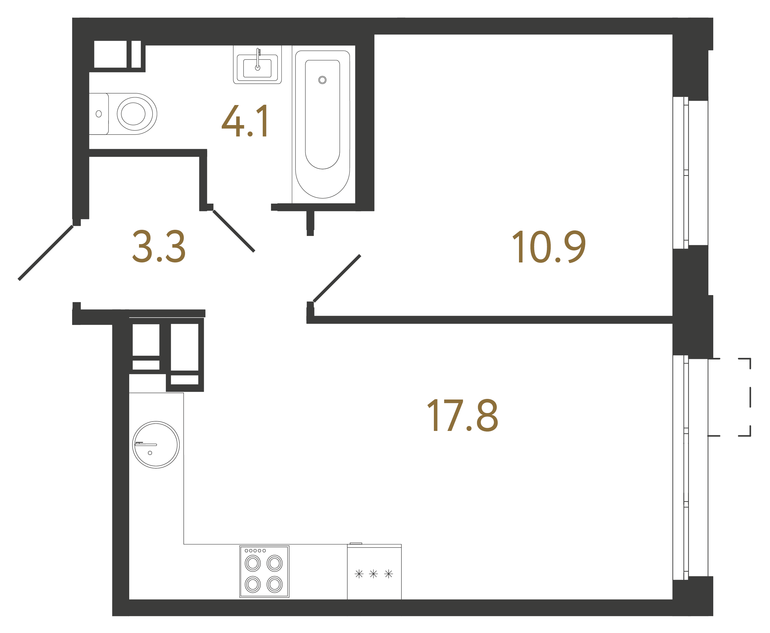1-комнатная квартира №1 в: Струны: 36.1 м²; этаж: 17 - купить в Санкт-Петербурге