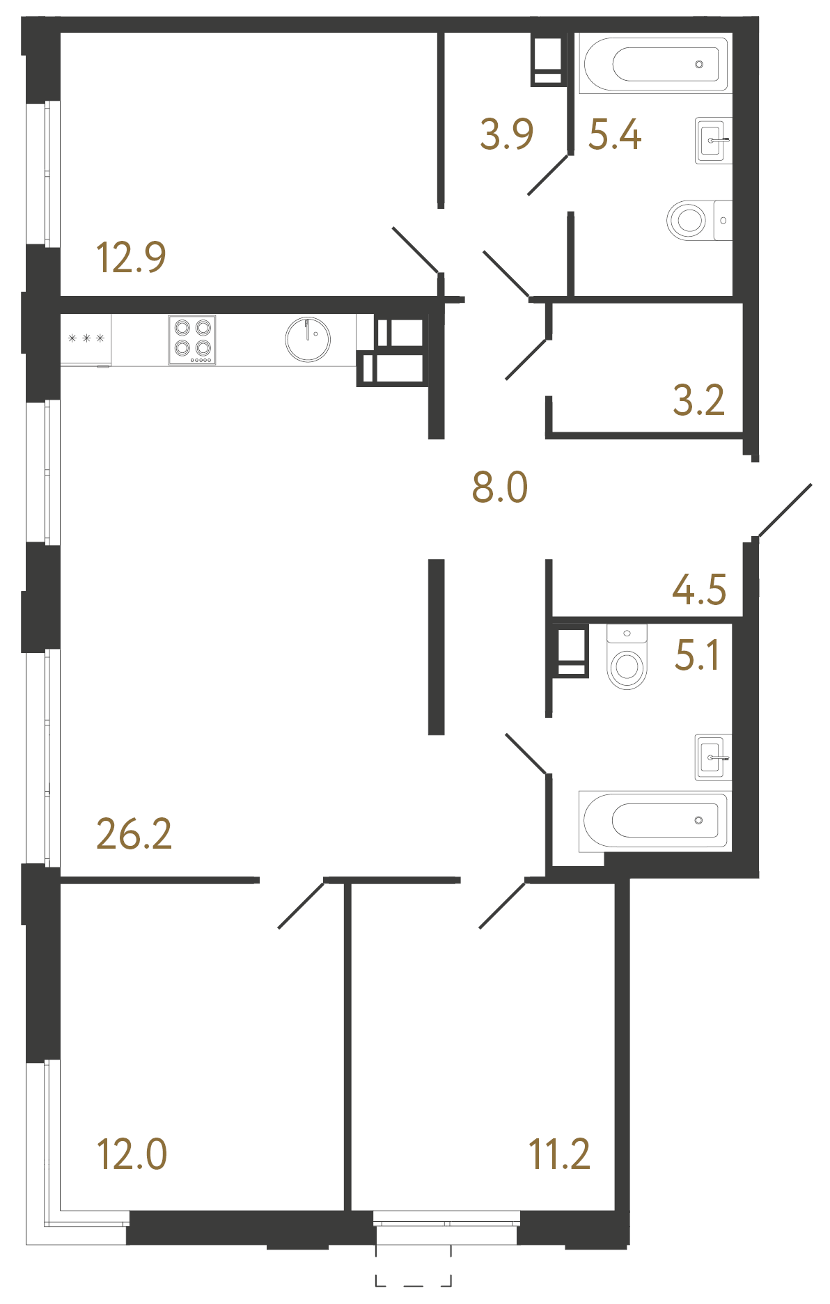 3-комнатная квартира №1 в: Струны: 92.4 м²; этаж: 16 - купить в Санкт-Петербурге