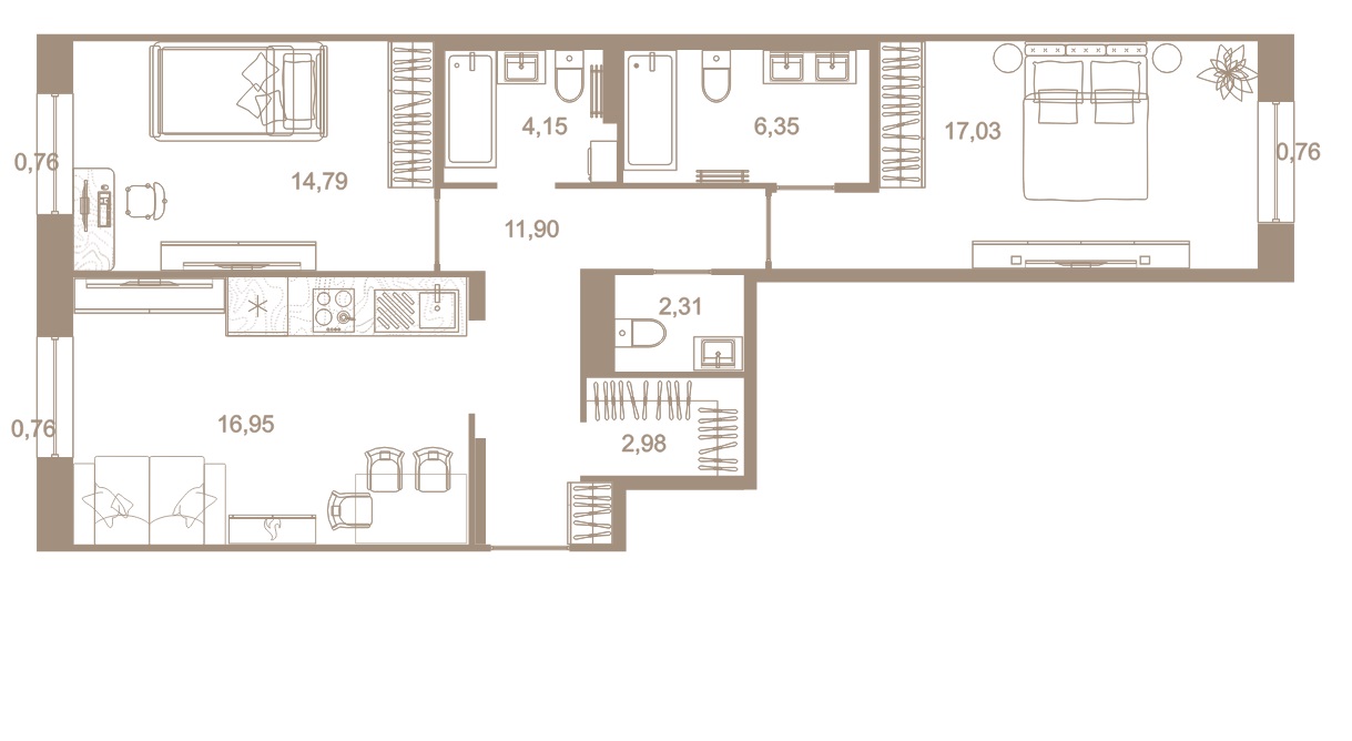 2-комнатная квартира  №300 в Северная корона Residence: 76.8 м², этаж 8 - купить в Санкт-Петербурге