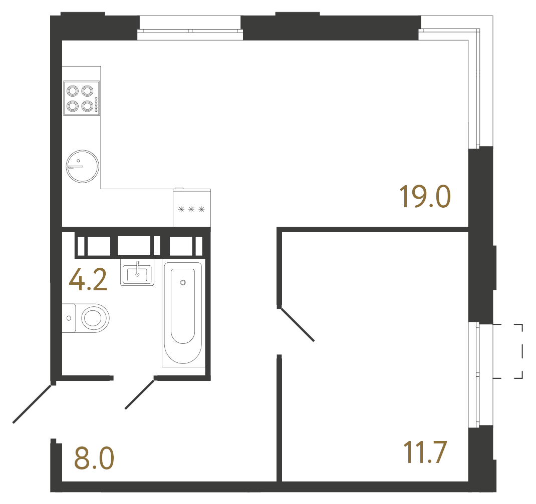 1-комнатная квартира №1 в: Струны: 42.9 м²; этаж: 15 - купить в Санкт-Петербурге