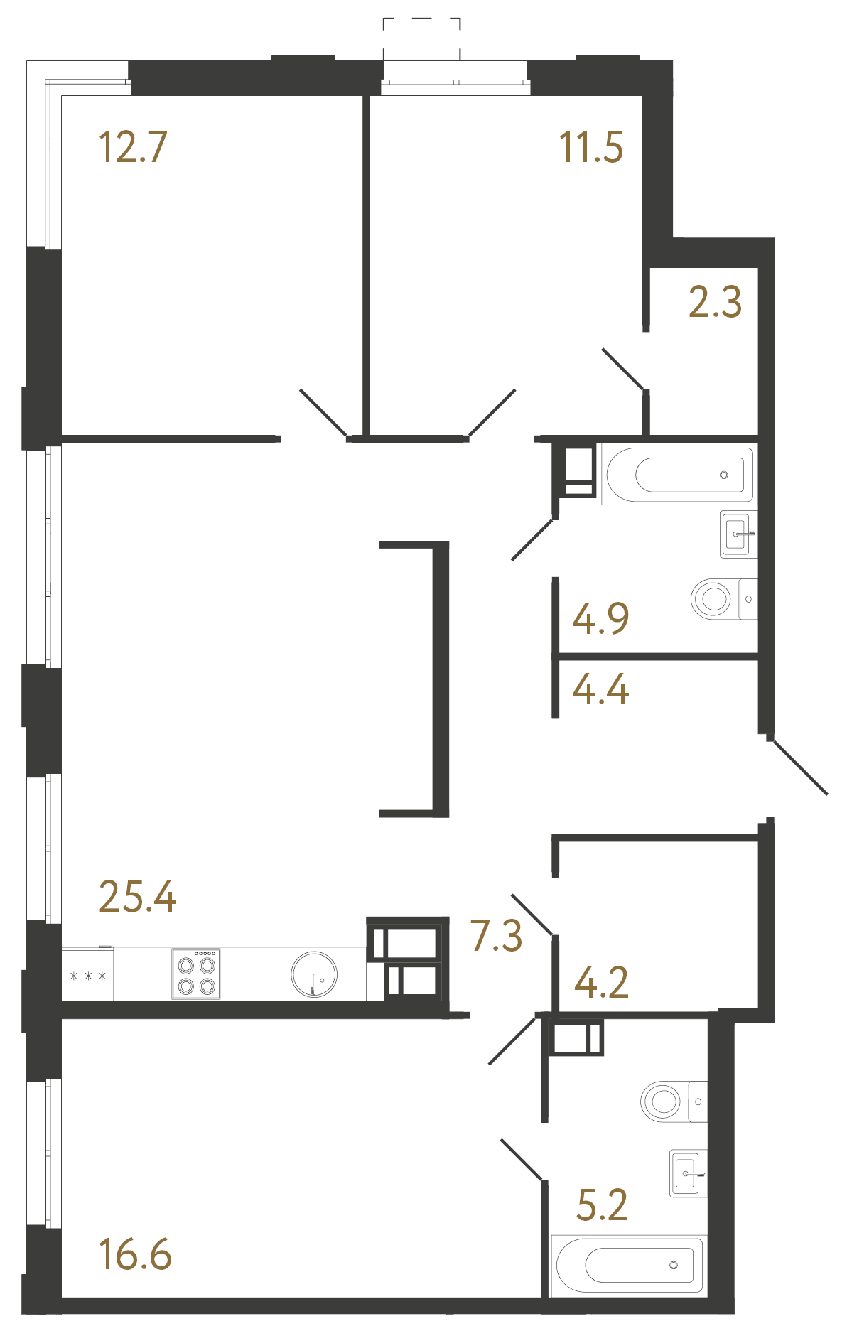 3-комнатная квартира №1 в: Струны: 94.5 м²; этаж: 16 - купить в Санкт-Петербурге