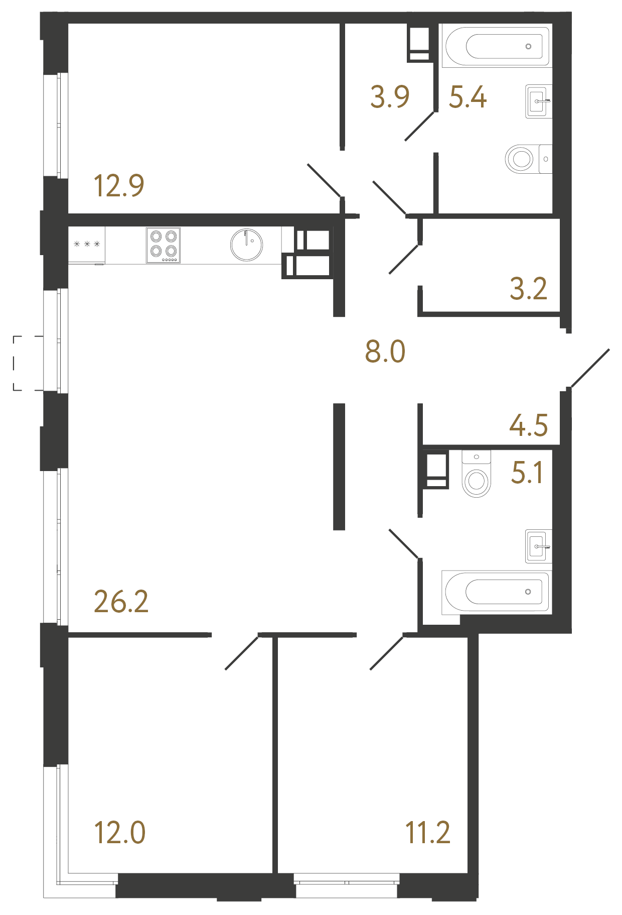 3-комнатная квартира №1 в: Струны: 92.4 м²; этаж: 15 - купить в Санкт-Петербурге