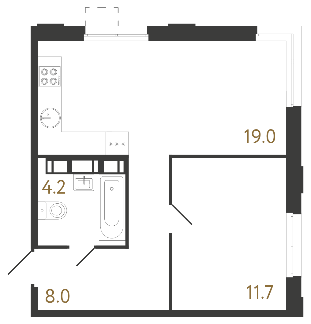 1-комнатная квартира №1 в: Струны: 42.9 м²; этаж: 14 - купить в Санкт-Петербурге