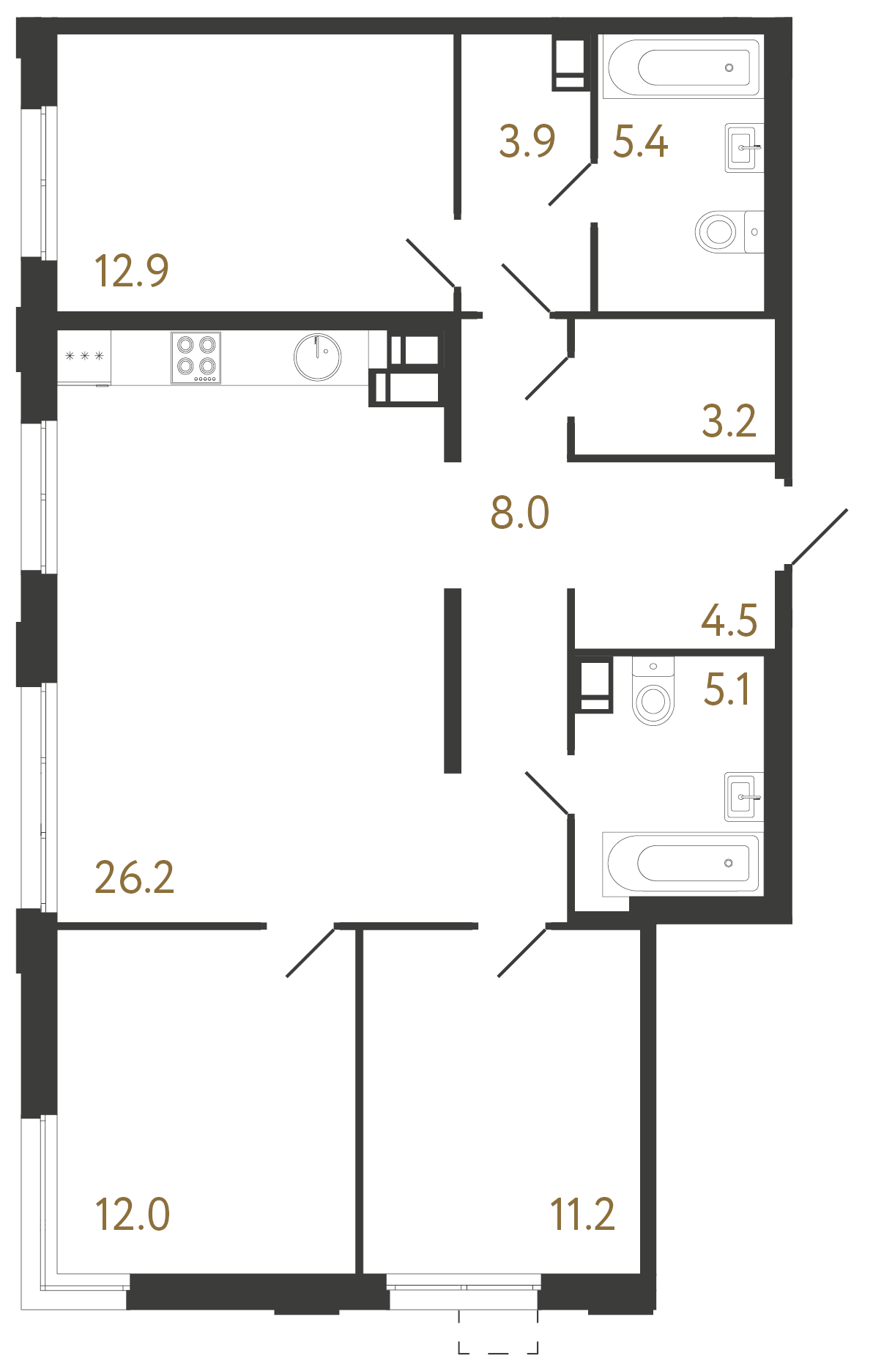 3-комнатная квартира №1 в: Струны: 92.4 м²; этаж: 14 - купить в Санкт-Петербурге