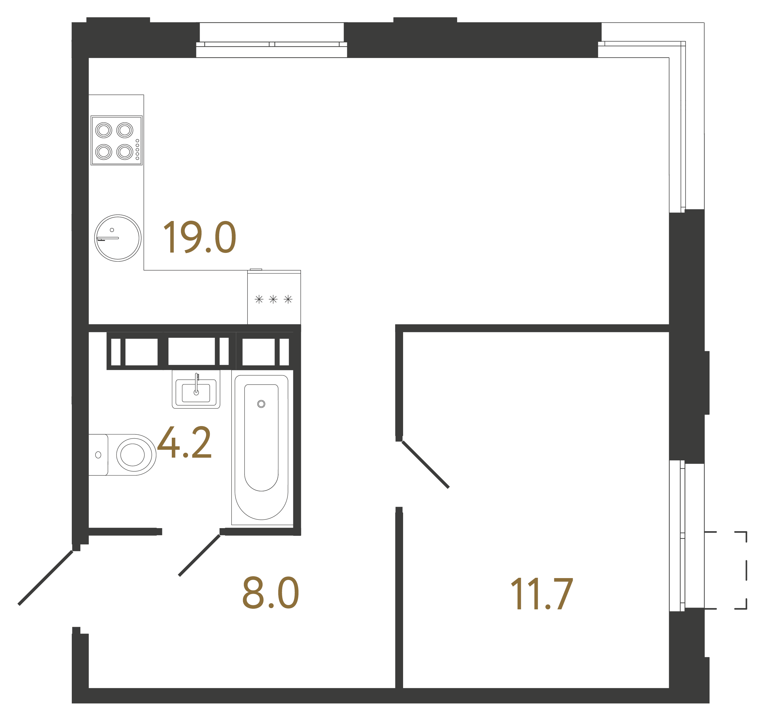 1-комнатная квартира №1 в: Струны: 42.9 м²; этаж: 17 - купить в Санкт-Петербурге