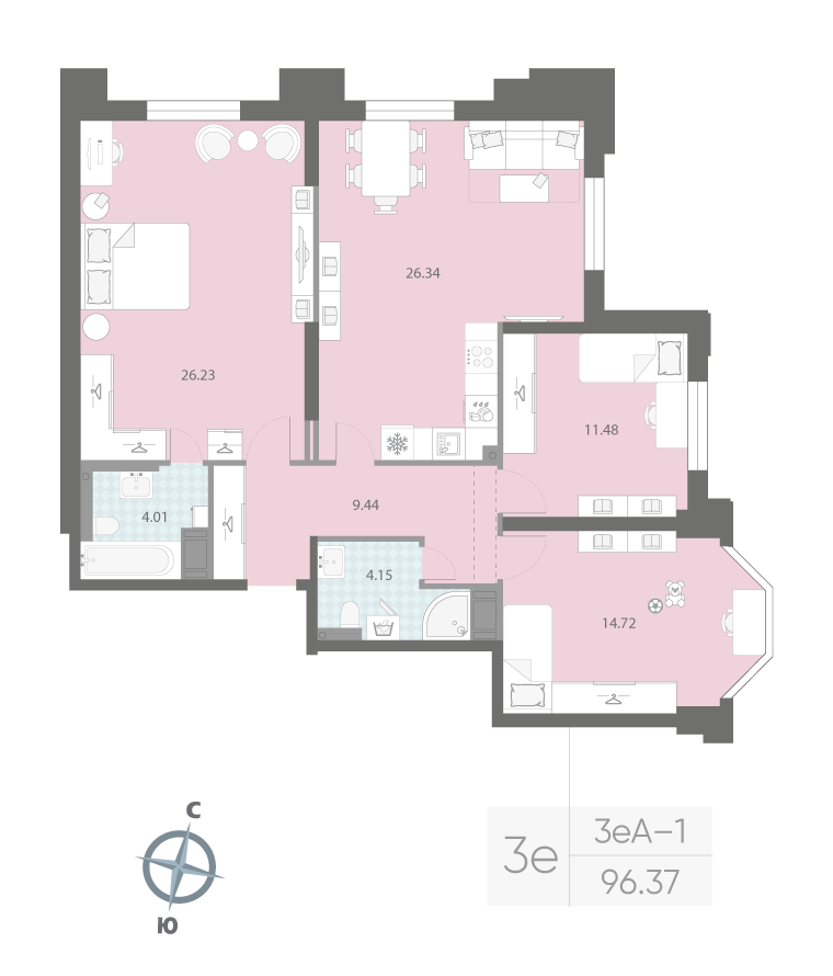 3-комнатная квартира  №27 в Цивилизация на Неве: 96.37 м², этаж 4 - купить в Санкт-Петербурге