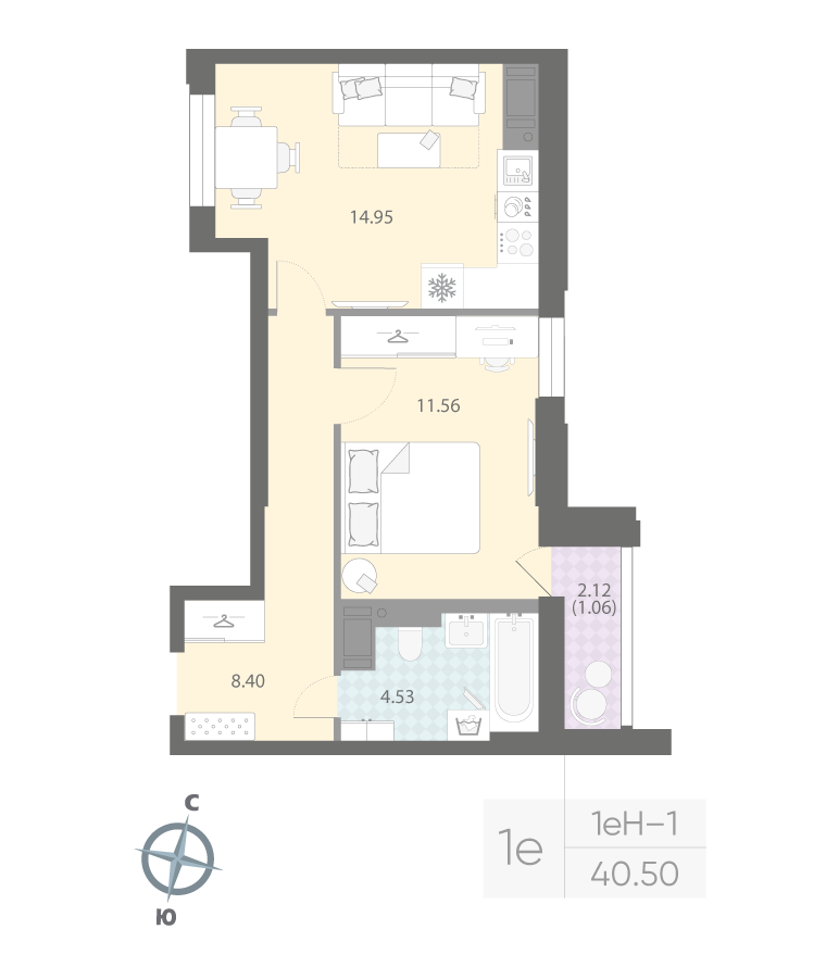 1-комнатная квартира  №249 в Цивилизация на Неве: 40.5 м², этаж 8 - купить в Санкт-Петербурге