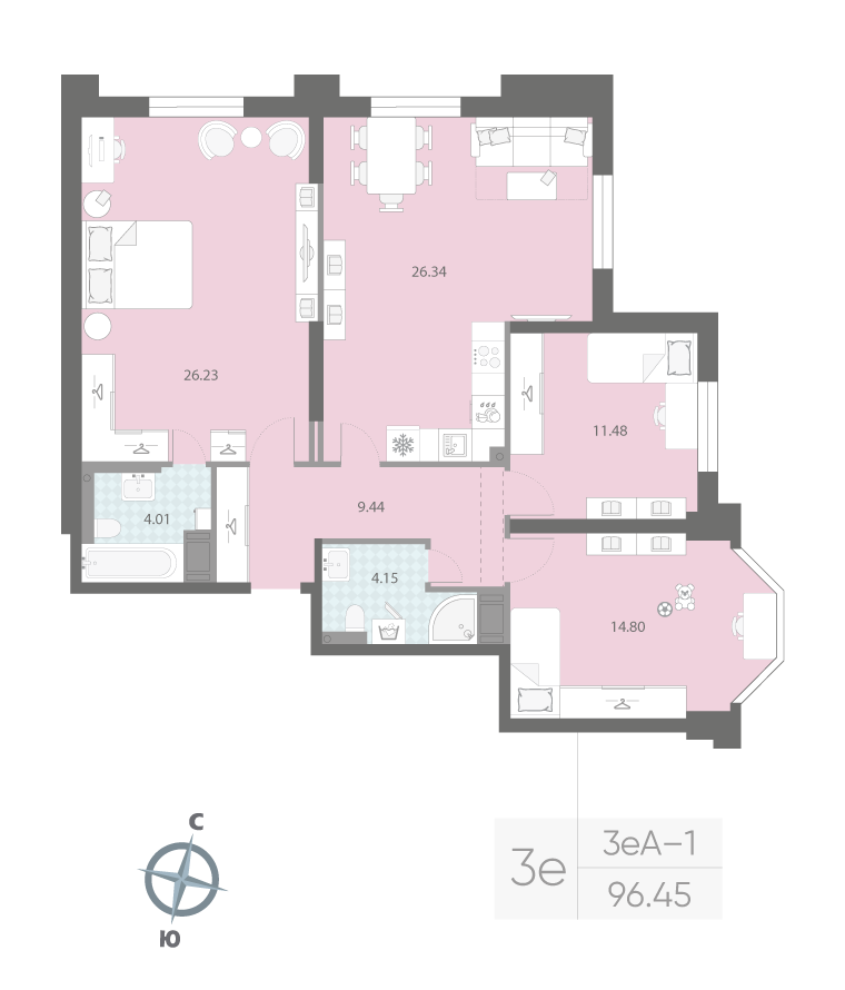 3-комнатная квартира  №18 в Цивилизация на Неве: 96.45 м², этаж 3 - купить в Санкт-Петербурге