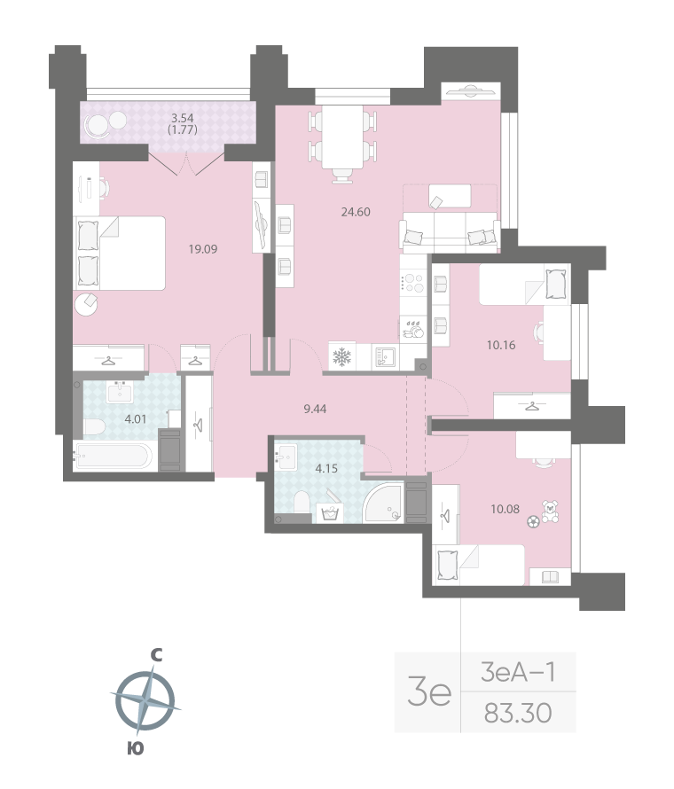 3-комнатная квартира  №148 в Цивилизация на Неве: 83.3 м², этаж 21 - купить в Санкт-Петербурге