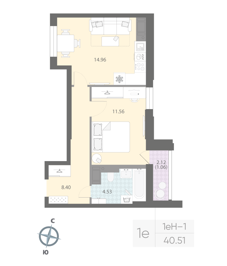 1-комнатная квартира  №269 в Grand View: 40.51 м², этаж 10 - купить в Санкт-Петербурге