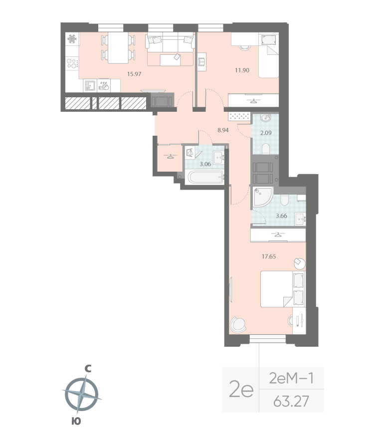 2-комнатная квартира  №330 в Цивилизация на Неве: 63.27 м², этаж 3 - купить в Санкт-Петербурге