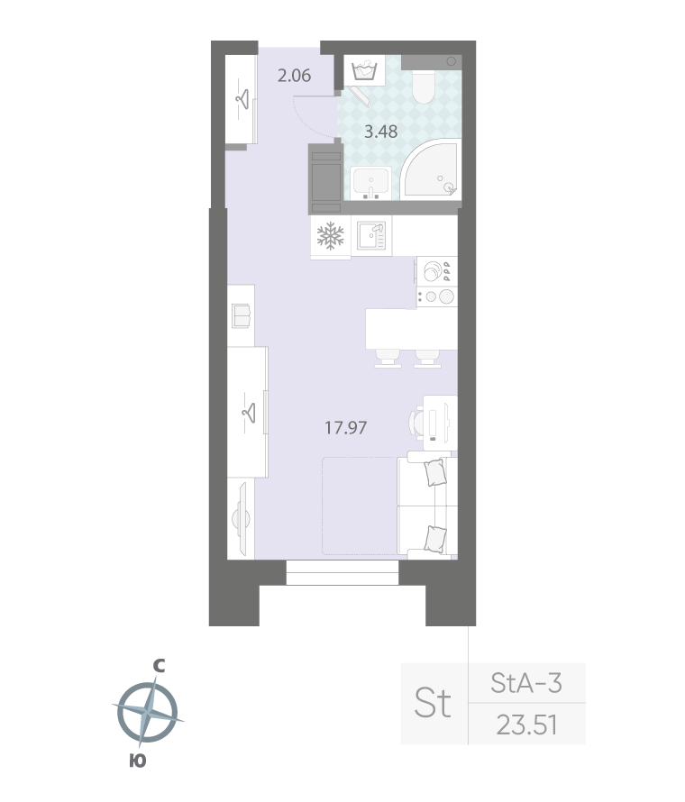 1-комнатная квартира  №23 в Цивилизация на Неве: 23.51 м², этаж 4 - купить в Санкт-Петербурге