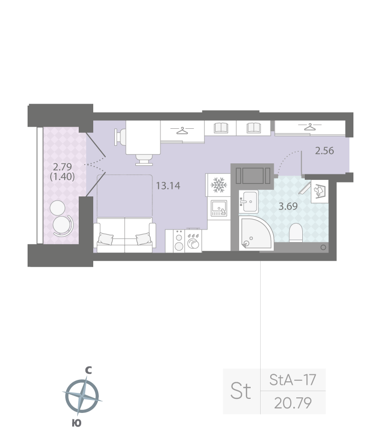 1-комнатная квартира  №434 в Цивилизация на Неве: 20.79 м², этаж 13 - купить в Санкт-Петербурге