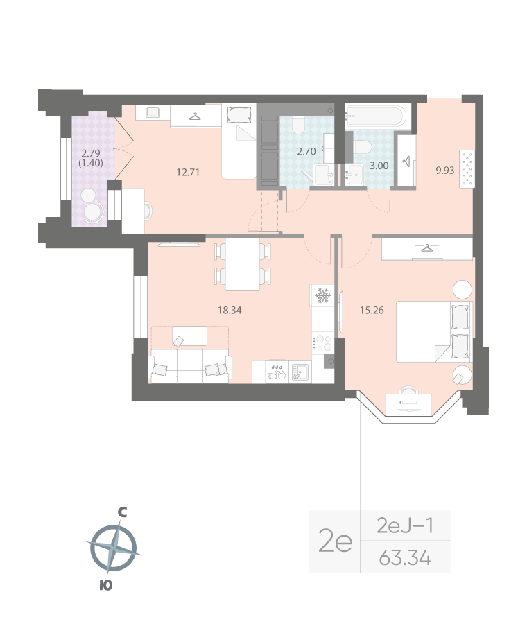 2-комнатная квартира, 63.28 м²; этаж: 12 - купить в Санкт-Петербурге