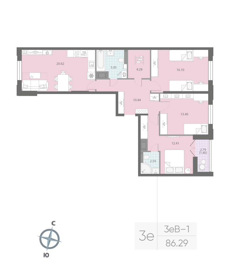 3-комнатная квартира  №432 в Цивилизация на Неве: 86.29 м², этаж 13 - купить в Санкт-Петербурге