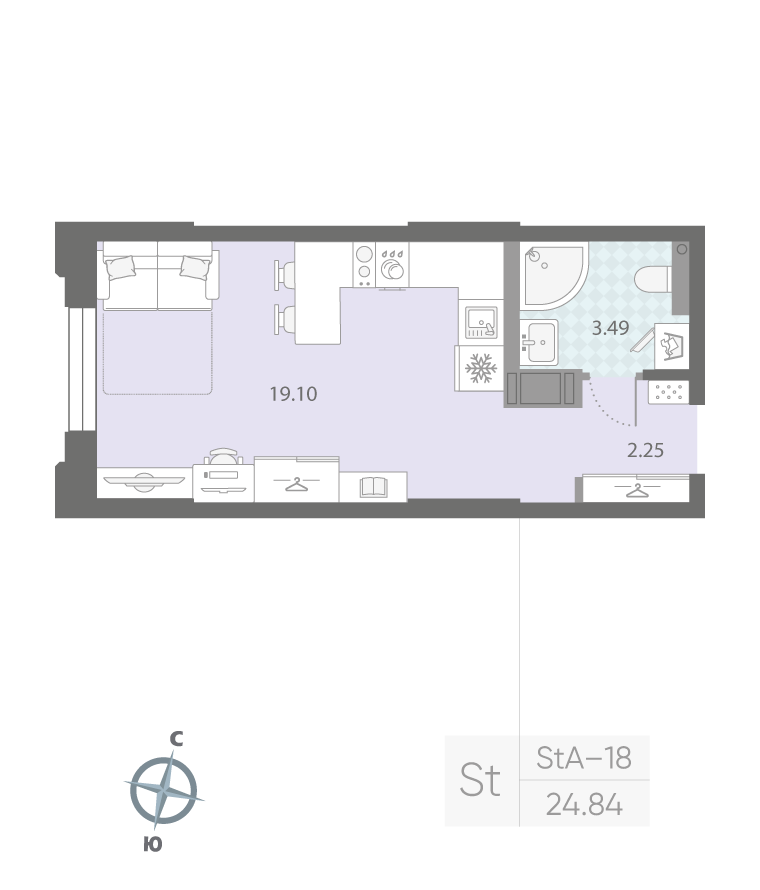 1-комнатная квартира  №322 в Цивилизация на Неве: 24.84 м², этаж 3 - купить в Санкт-Петербурге