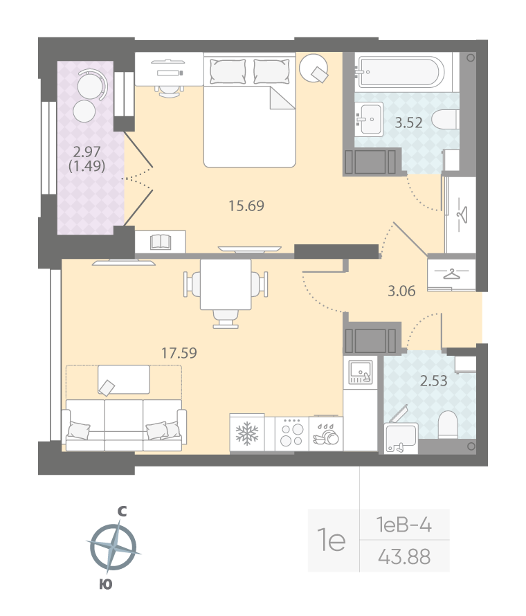 1-комнатная квартира, 43.88 м²; этаж: 12 - купить в Санкт-Петербурге
