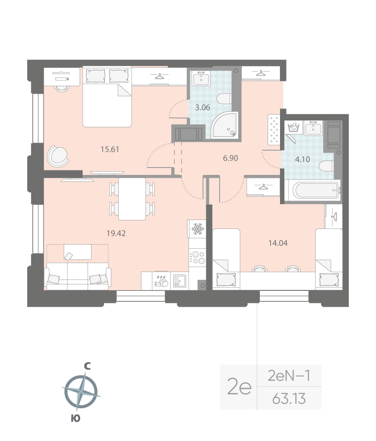 2-комнатная квартира  №324 в Цивилизация на Неве: 63.13 м², этаж 3 - купить в Санкт-Петербурге