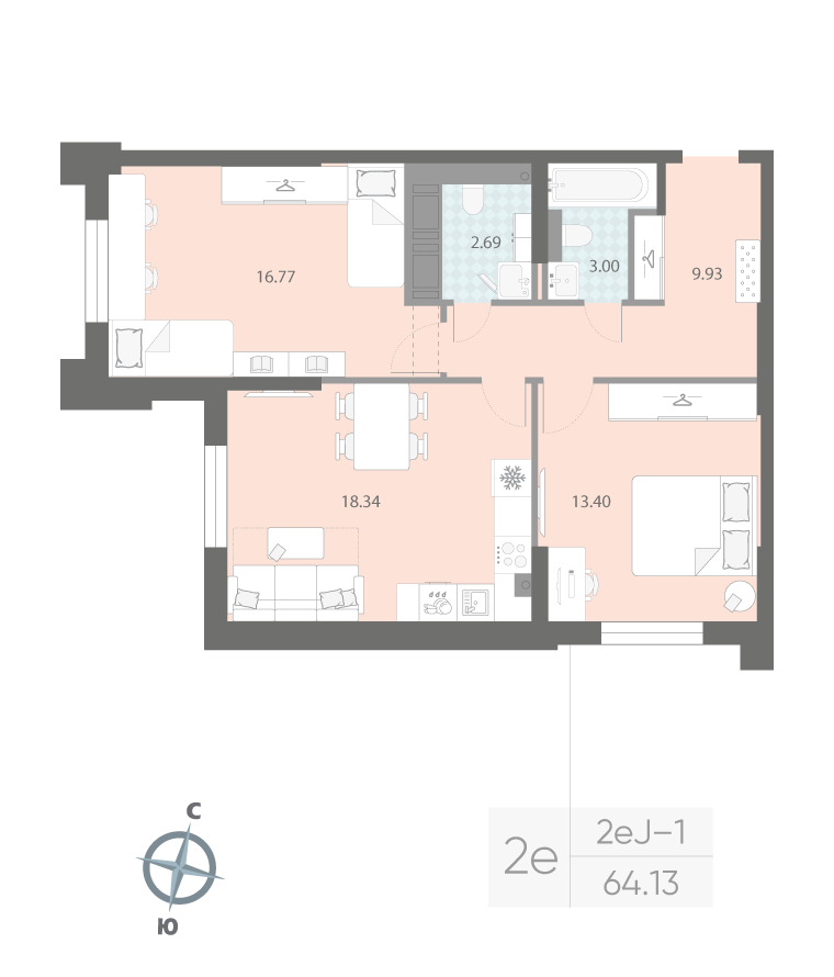 2-комнатная квартира  №12 в Цивилизация на Неве: 64.13 м², этаж 3 - купить в Санкт-Петербурге