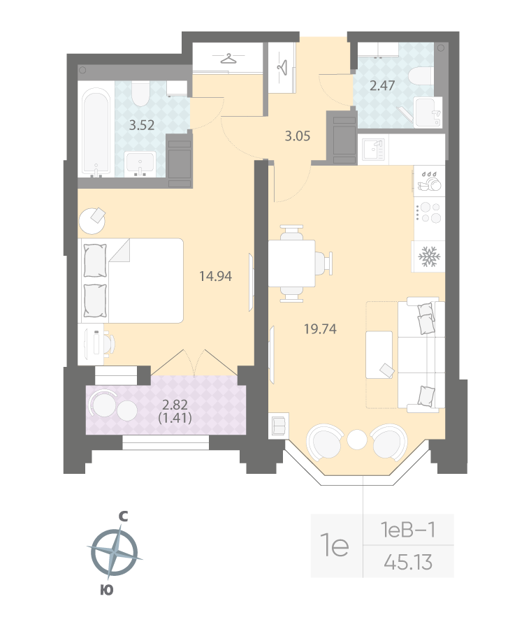 1-комнатная квартира  №54 в Grand View: 45.07 м², этаж 8 - купить в Санкт-Петербурге