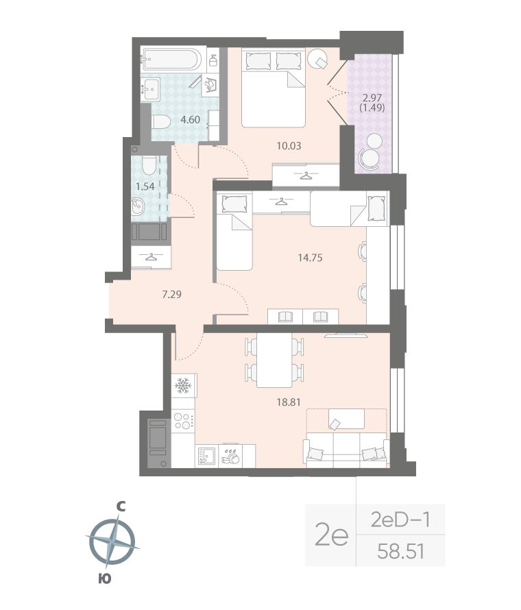 2-комнатная квартира  №287 в Цивилизация на Неве: 58.51 м², этаж 12 - купить в Санкт-Петербурге