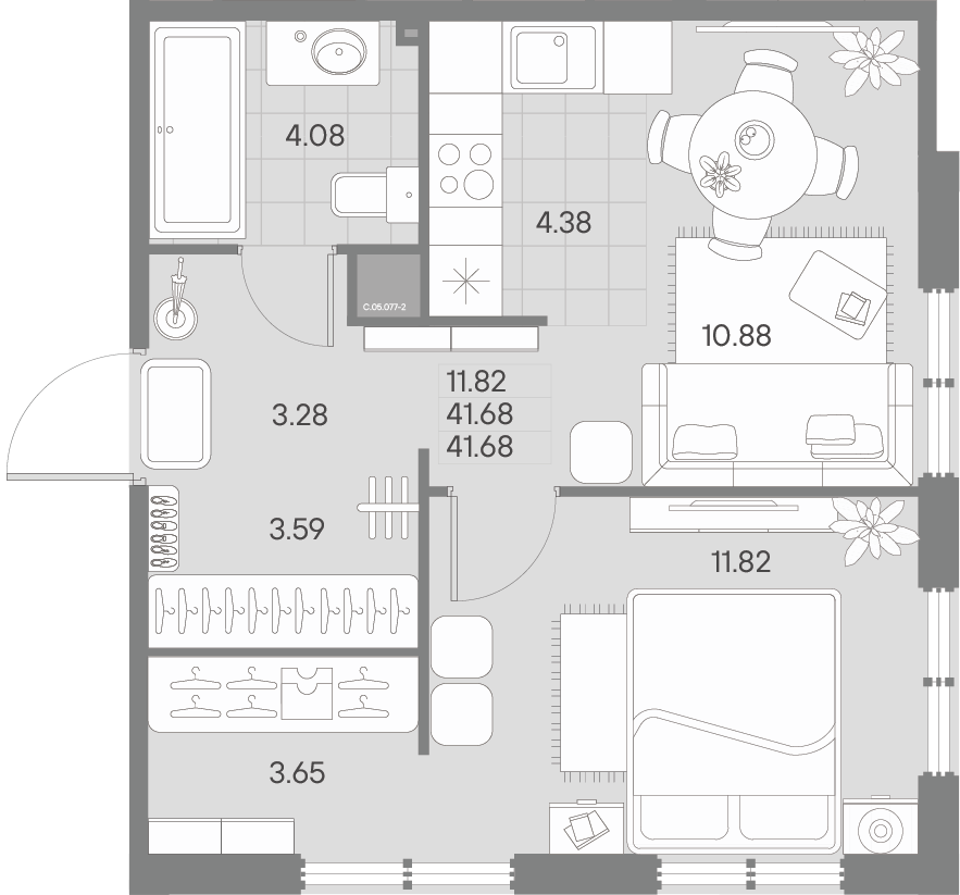 1-комнатная квартира  №77-2 в AMO: 41.68 м², этаж 5 - купить в Санкт-Петербурге