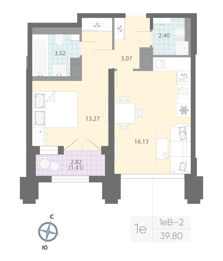 1-комнатная квартира  №153 в Притяжение: 39.8 м², этаж 22 - купить в Санкт-Петербурге