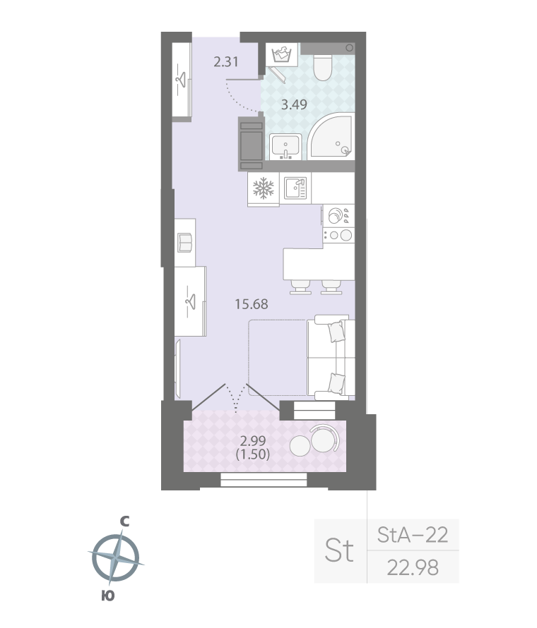 1-комнатная квартира  №429 в Цивилизация на Неве: 22.98 м², этаж 12 - купить в Санкт-Петербурге