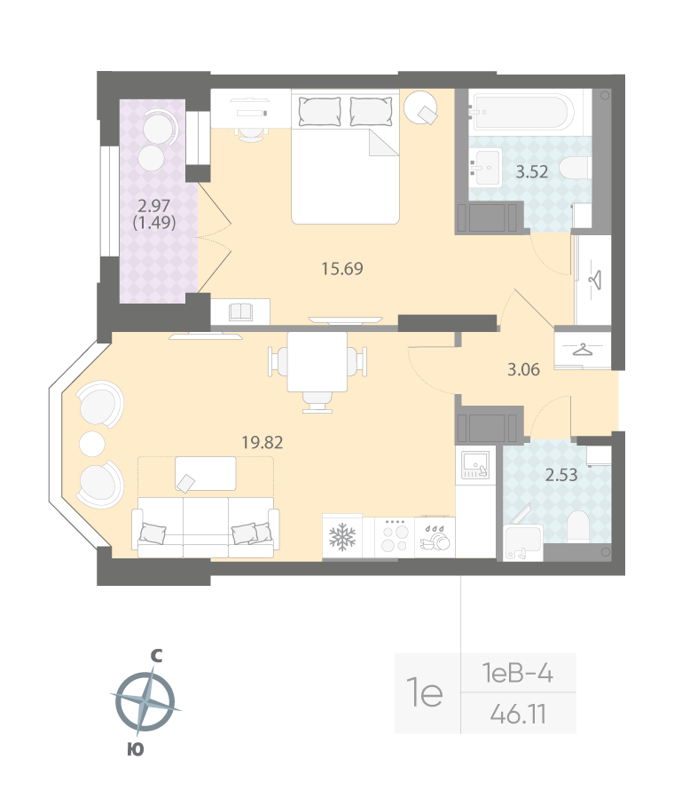 1-комнатная квартира, 46.11 м²; этаж: 11 - купить в Санкт-Петербурге