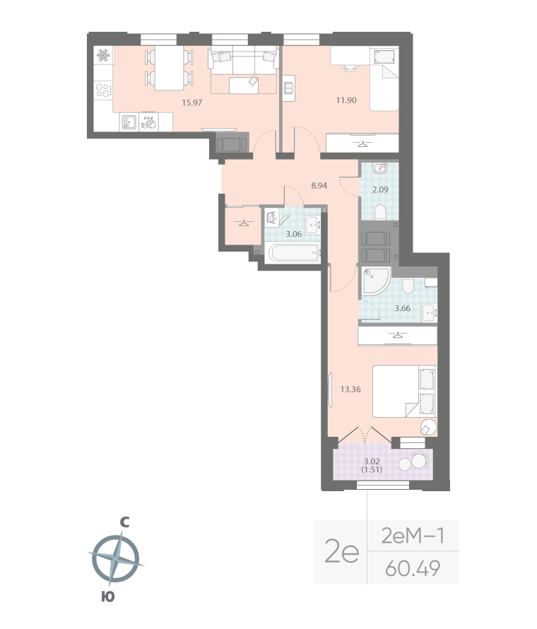 2-комнатная квартира  №442 в Цивилизация на Неве: 60.49 м², этаж 13 - купить в Санкт-Петербурге