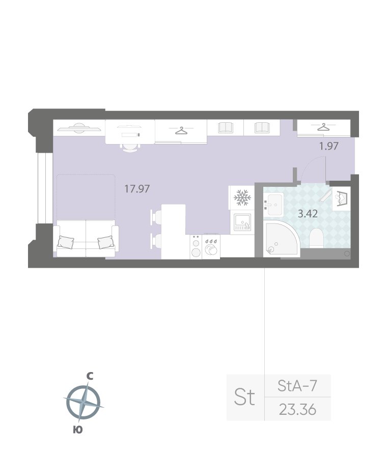 1-комнатная квартира  №169 в Цивилизация на Неве: 23.36 м², этаж 2 - купить в Санкт-Петербурге