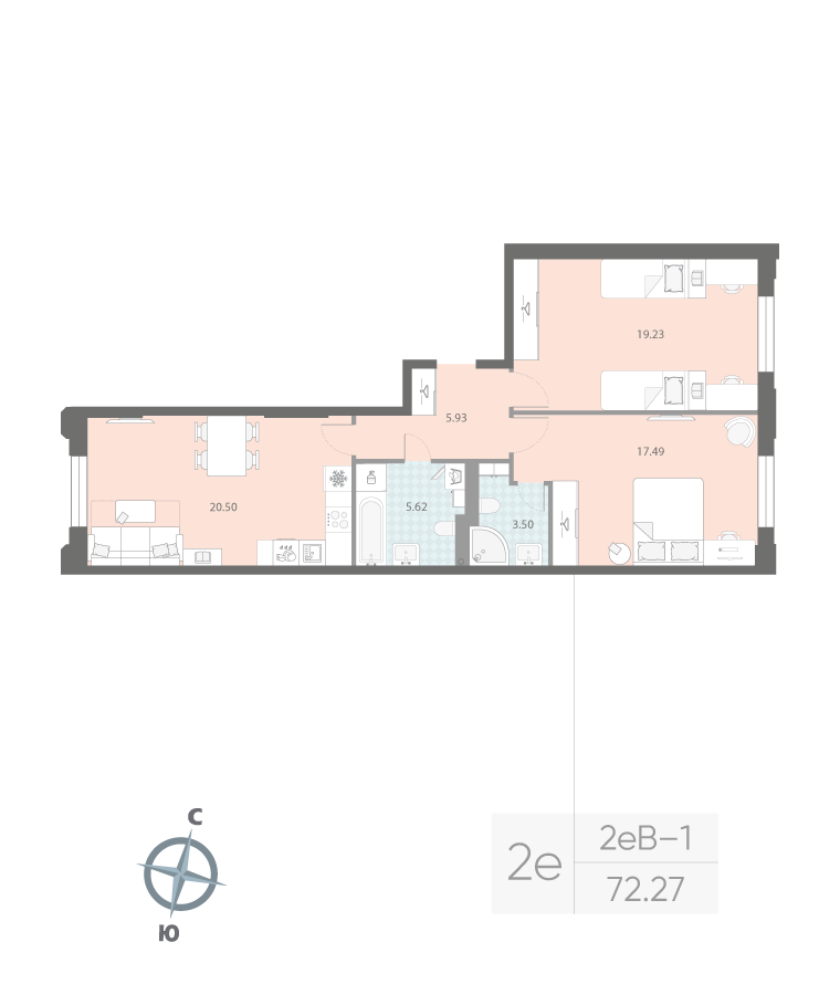 2-комнатная квартира, 72.27 м²; этаж: 2 - купить в Санкт-Петербурге