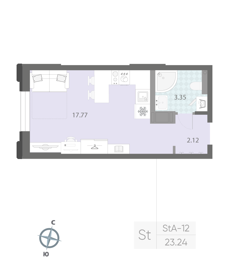 1-комнатная квартира  №190 в Цивилизация на Неве: 23.24 м², этаж 3 - купить в Санкт-Петербурге