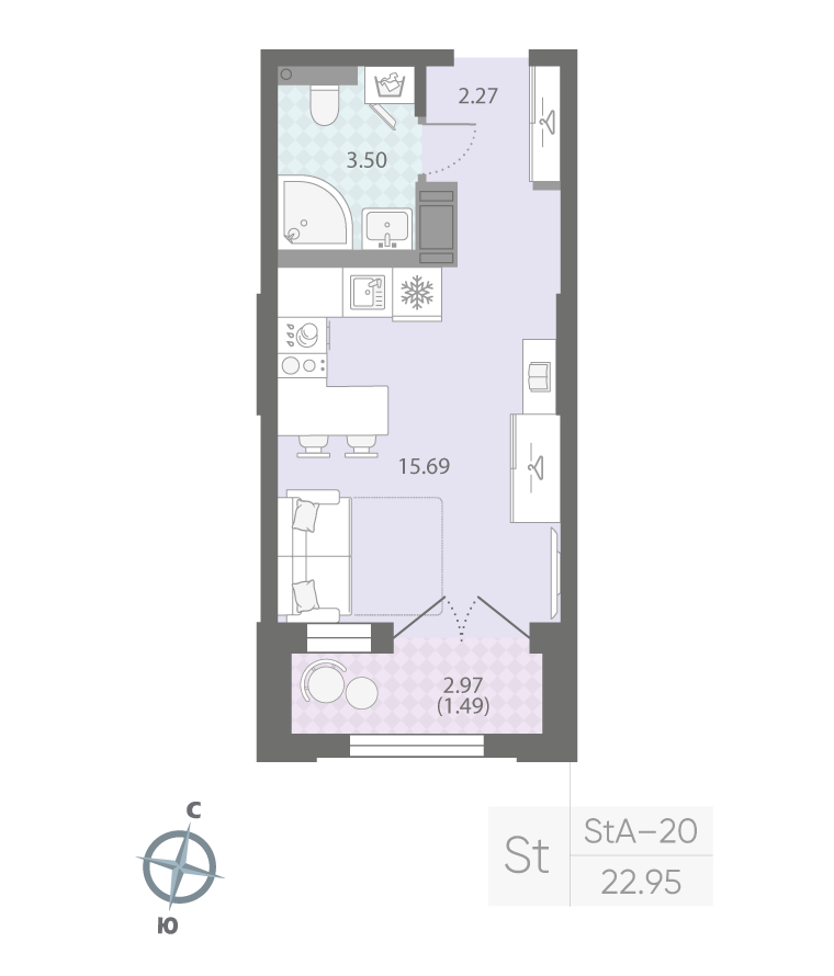 1-комнатная квартира №42 в: ЦИВИЛИЗАЦИЯ НА НЕВЕ: 23.13 м²; этаж: 7 - купить в Санкт-Петербурге