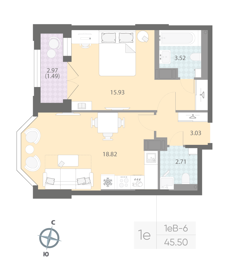 1-комнатная квартира, 45.5 м²; этаж: 10 - купить в Санкт-Петербурге