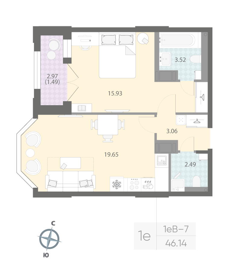 1-комнатная квартира, 46.14 м²; этаж: 10 - купить в Санкт-Петербурге