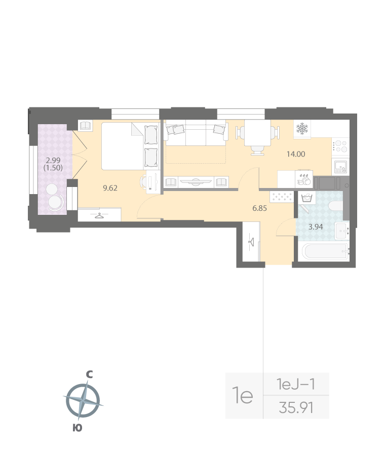 1-комнатная квартира  №250 в Притяжение: 35.91 м², этаж 8 - купить в Санкт-Петербурге
