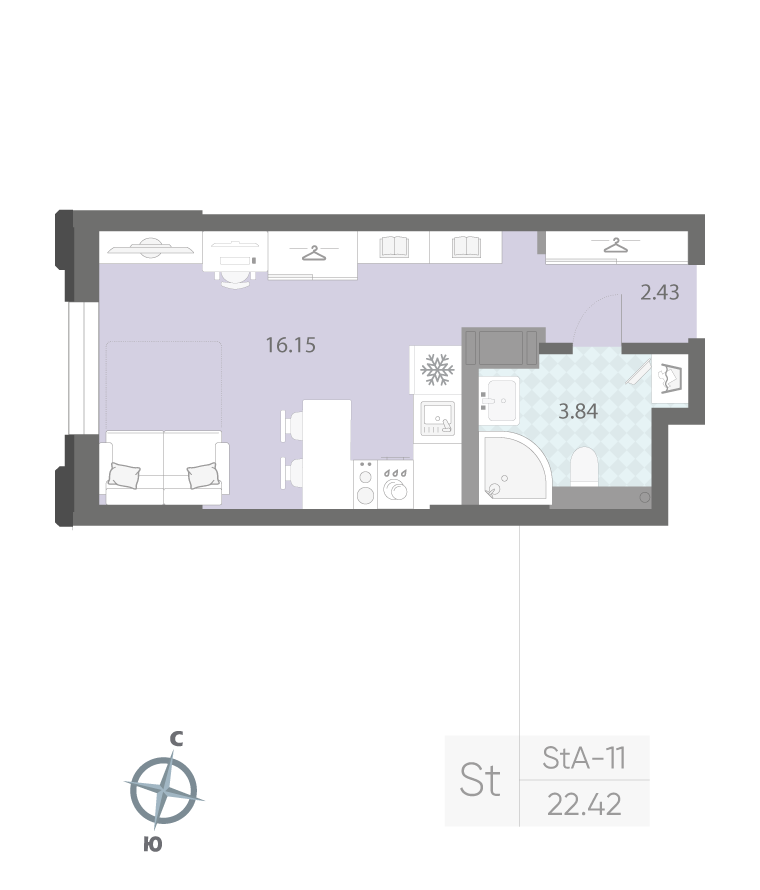 1-комнатная квартира  №189 в Цивилизация на Неве: 22.42 м², этаж 3 - купить в Санкт-Петербурге