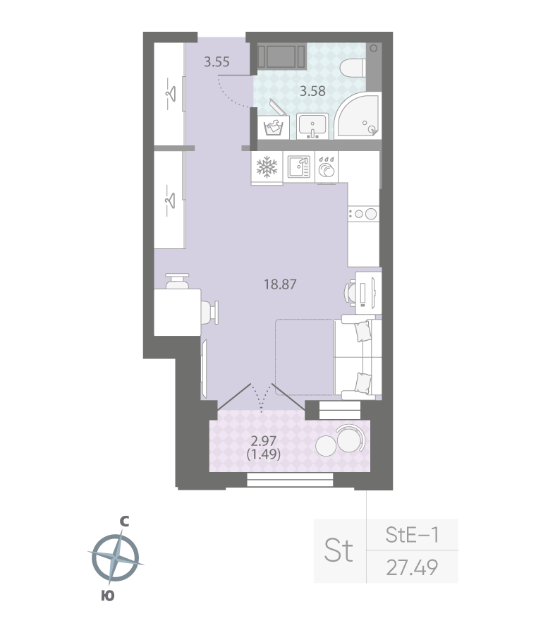 1-комнатная квартира  №371 в Цивилизация на Неве: 27.49 м², этаж 7 - купить в Санкт-Петербурге