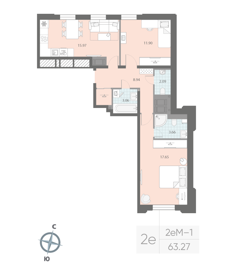 2-комнатная квартира  №342 в Цивилизация на Неве: 63.27 м², этаж 4 - купить в Санкт-Петербурге